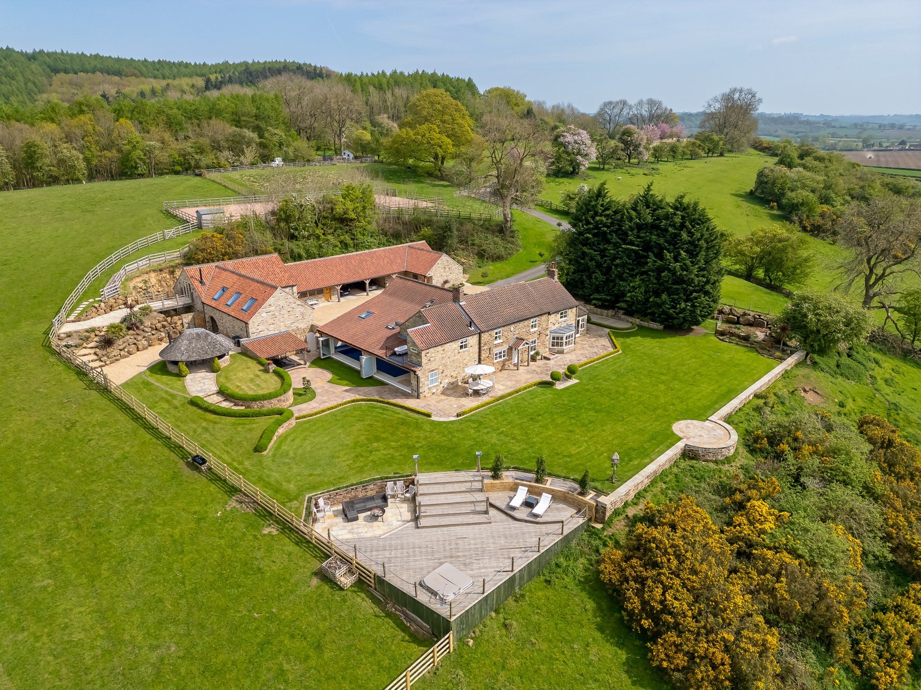 Aerial view over the sun terrace and fire pit